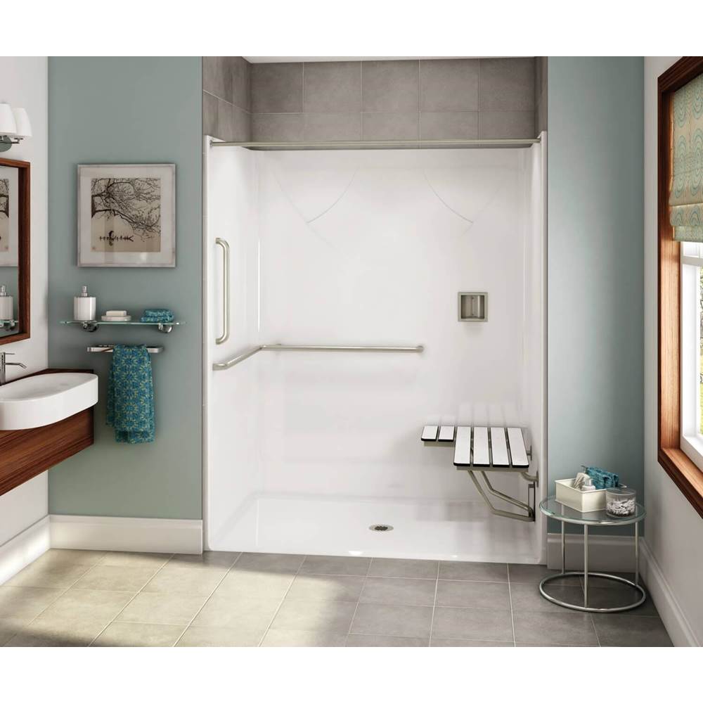 Aker OPS-6036-RS AcrylX Alcove Center Drain One-Piece Shower in Bone - ANSI Grab Bar and seat