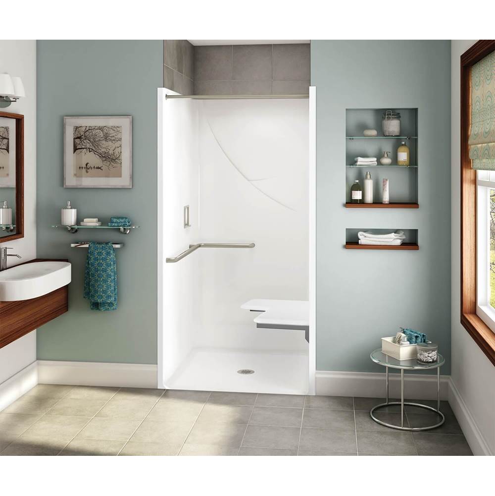 Aker OPS-3636 RRF AcrylX Alcove Center Drain One-Piece Shower in Biscuit - ADA Grab Bar and Seat