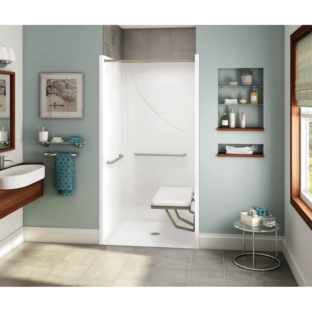 Aker OPS-3636 RRF AcrylX Alcove Center Drain One-Piece Shower in Biscuit - MASS Grab Bar and Seat