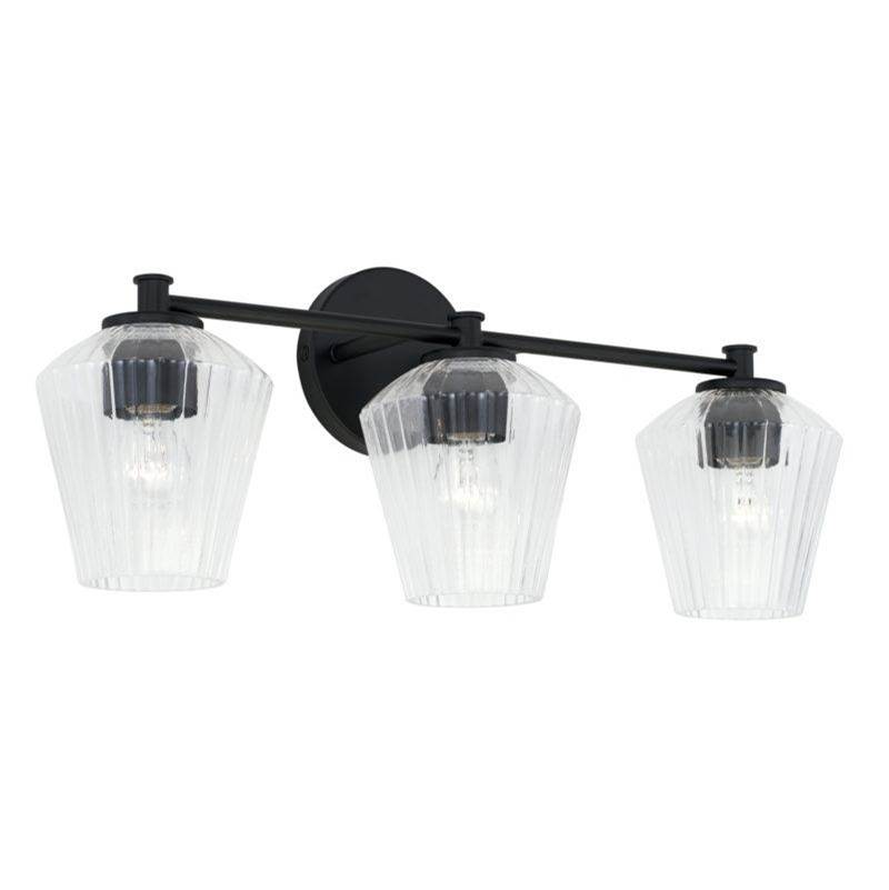 Capital Lighting 3-Light Vanity in Matte Black with Clear Fluted Glass