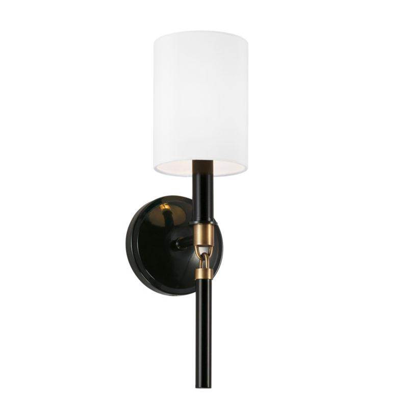 Capital Lighting Beckham 1-Light Sconce in Glossy Black and Aged Brass with White Fabric Stay-Straight Shade