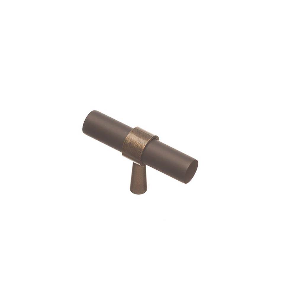 Colonial Bronze T Cabinet Knob Hand Finished in Antique Satin Brass and Polished Nickel
