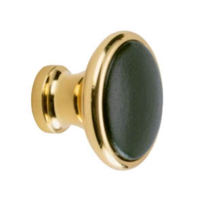 Colonial Bronze Leather Accented Round Cabinet Knob, Unlacquered Polished Brass x Shagreen Smokey Leather