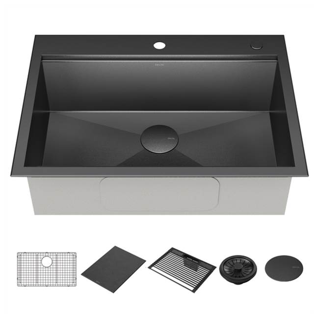 Delta Faucet Delta® Rivet™ 30'' Workstation Kitchen Sink Drop-In Top Mount 16 Gauge Stainless Steel Single Bowl in PVD Gunmetal Finish with WorkFlow™ Ledge and Accessories