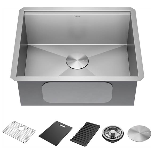 Delta Faucet Delta® Rivet™ 23'' Workstation Kitchen Sink Undermount 16 Gauge Stainless Steel Single Bowl with WorkFlow™ Ledge and Accessories