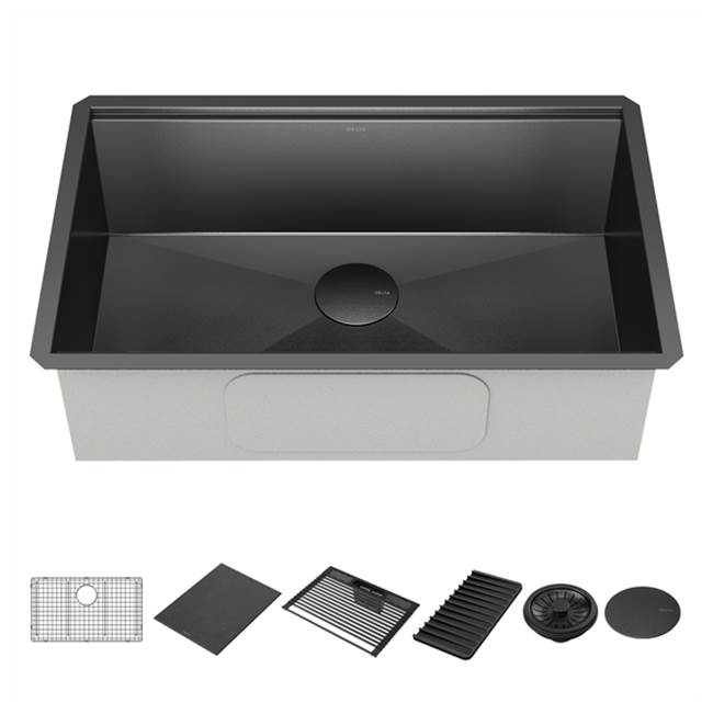 Delta Faucet Delta® Rivet™ 30'' Workstation Kitchen Sink Undermount 16 Gauge Stainless Steel Single Bowl in PVD Gunmetal Finish with WorkFlow™ Ledge and Accessories