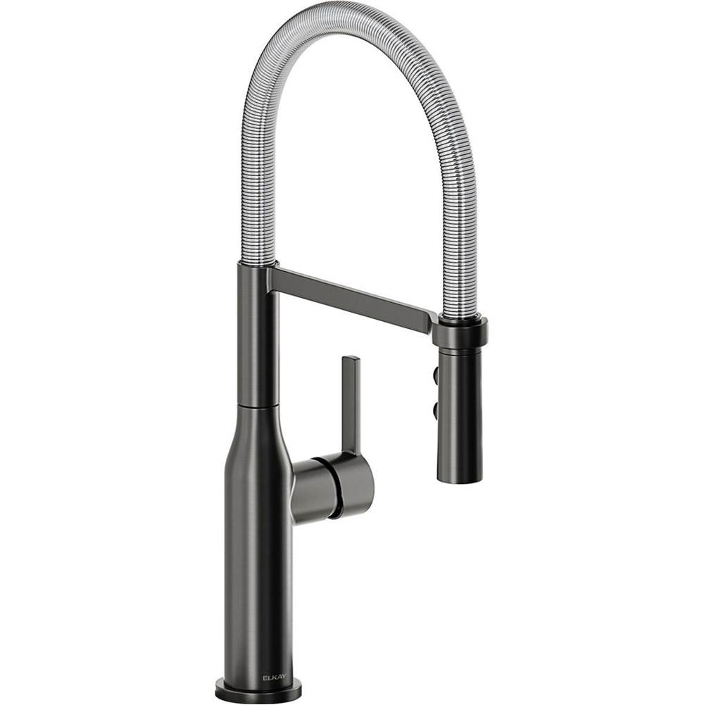 Elkay Avado Single Hole Kitchen Faucet with Semi-professional Spout and Forward Only Lever Handle, Black Stainless and Chrome
