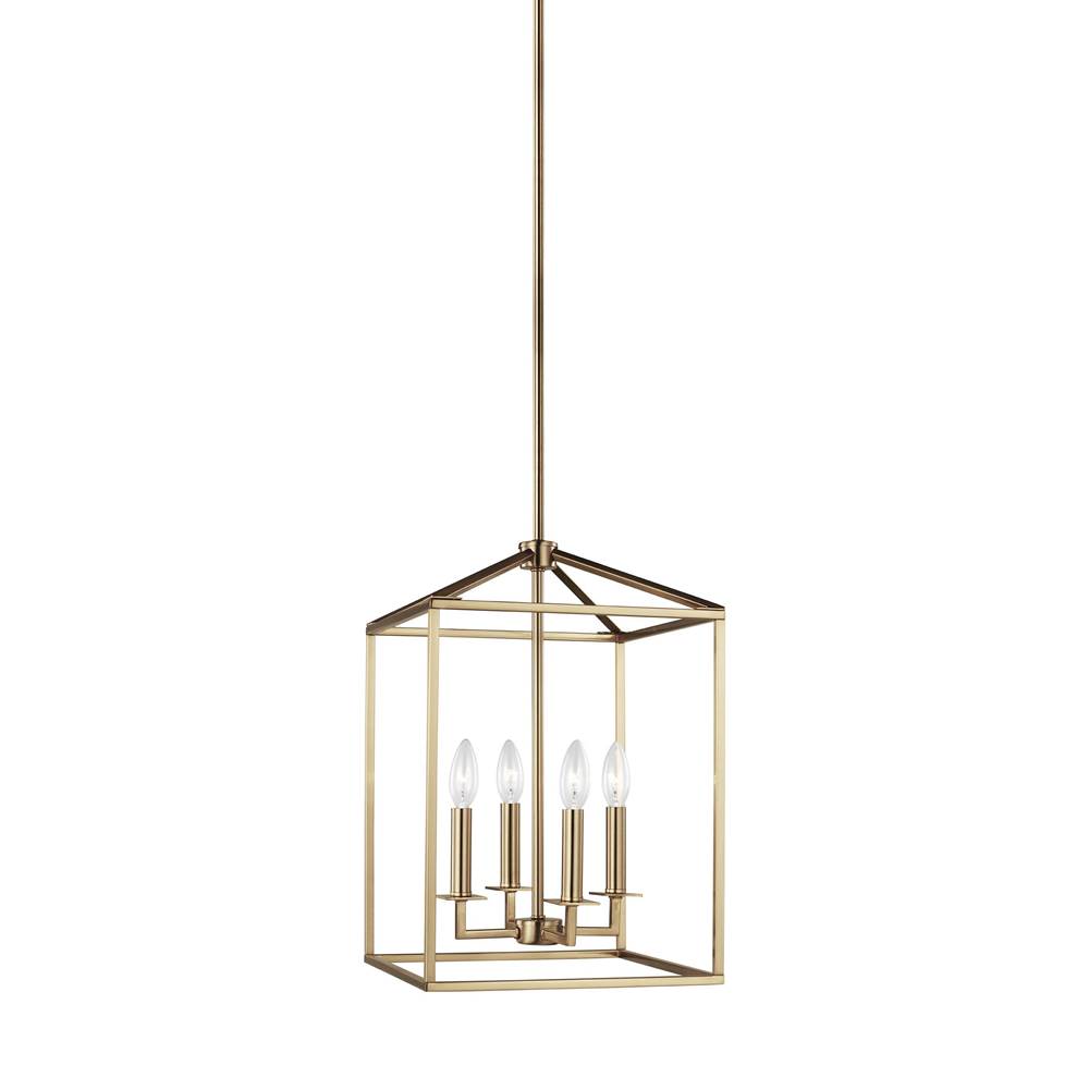Generation Lighting Perryton Transitional 4-Light Led Indoor Dimmable Small Ceiling Pendant Hanging Chandelier Light In Satin Brass Gold Finish