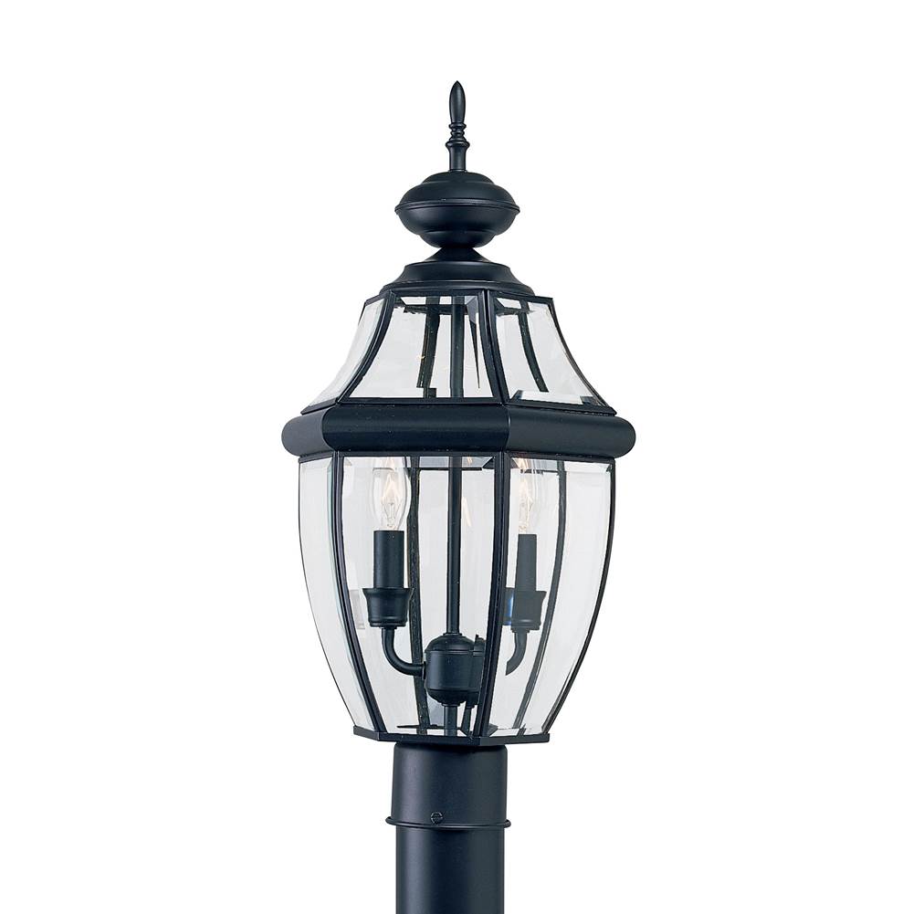 Generation Lighting Lancaster Traditional 2-Light Outdoor Exterior Post Lantern In Black Finish With Clear Curved Beveled Glass Shade