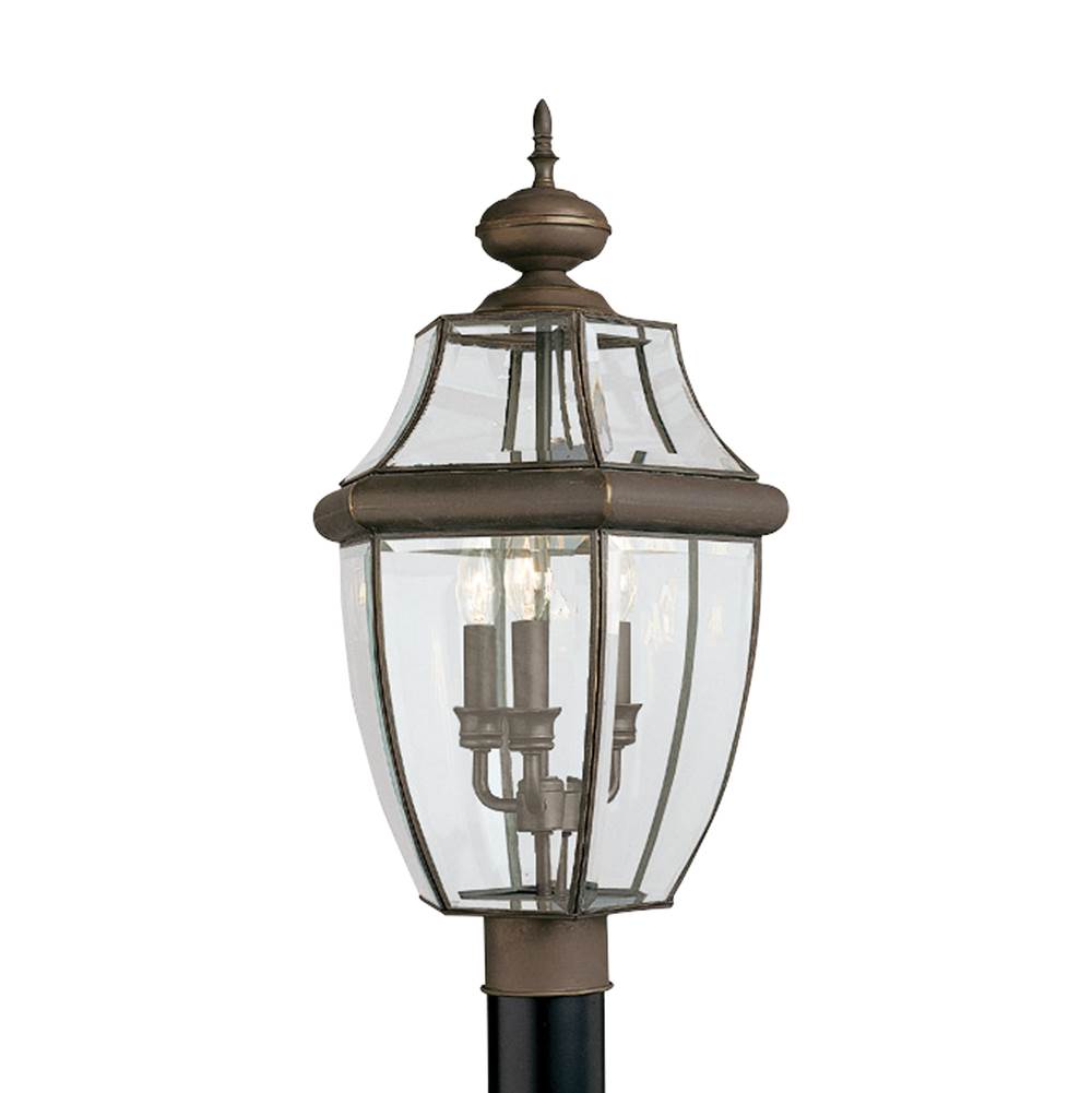 Generation Lighting Lancaster Traditional 3-Light Led Outdoor Exterior Post Lantern In Antique Bronze Finish With Clear Curved Beveled Glass Shade