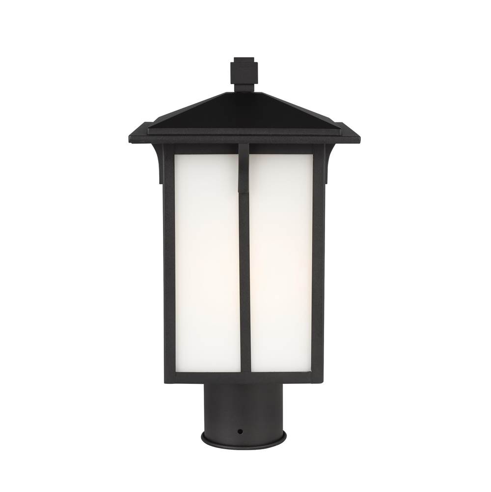 Generation Lighting Tomek Modern 1-Light Led Outdoor Exterior Post Lantern In Black Finish With Etched White Glass Panels