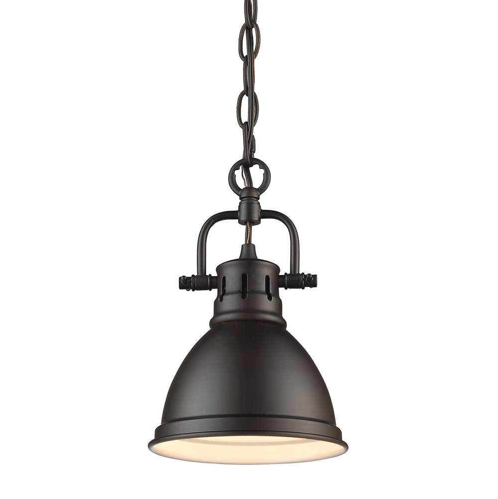 Golden Lighting Duncan Mini Pendant with Chain in Rubbed Bronze with a Rubbed Bronze Shade