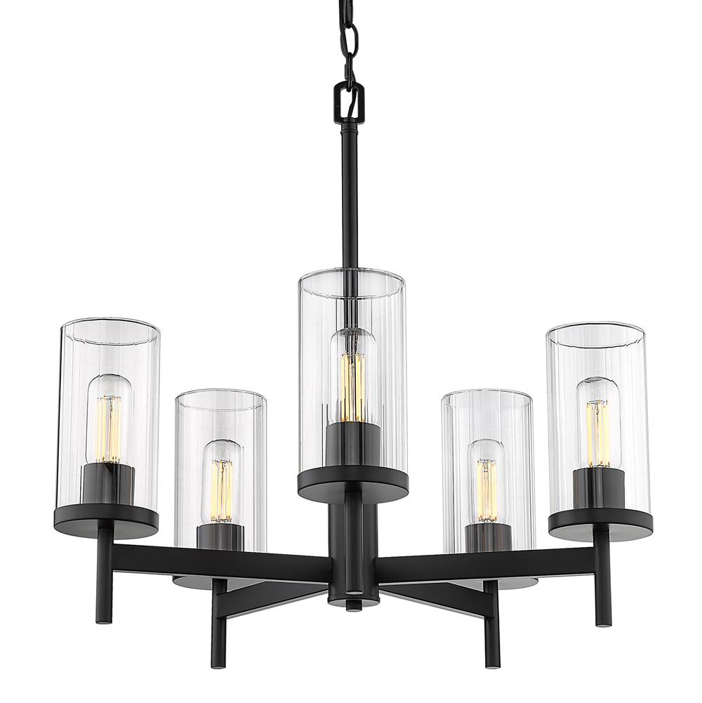 Golden Lighting Winslett 5 Light Chandelier in Matte Black with Ribbed Clear Glass Shades