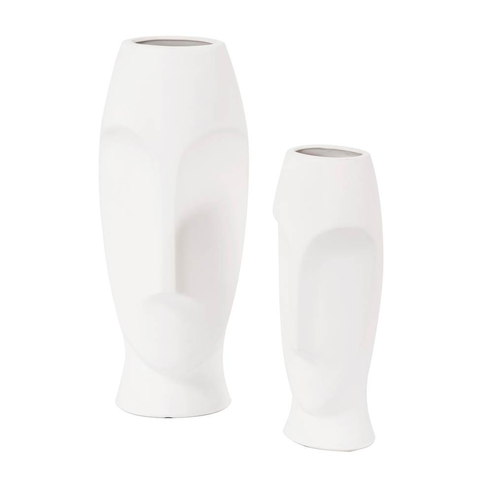 Howard Elliott Abstract Faces Matte White Ceramic Vases (Set of 2)