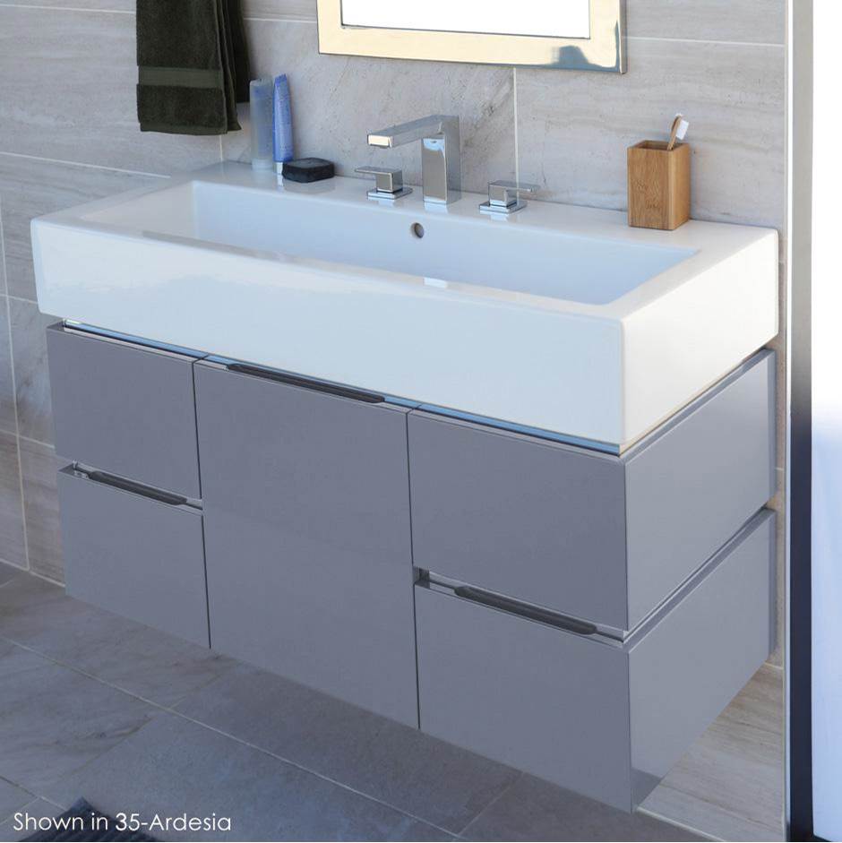 Lacava Wall-mounted undercounter vanity with finger pulls and polished steel accents