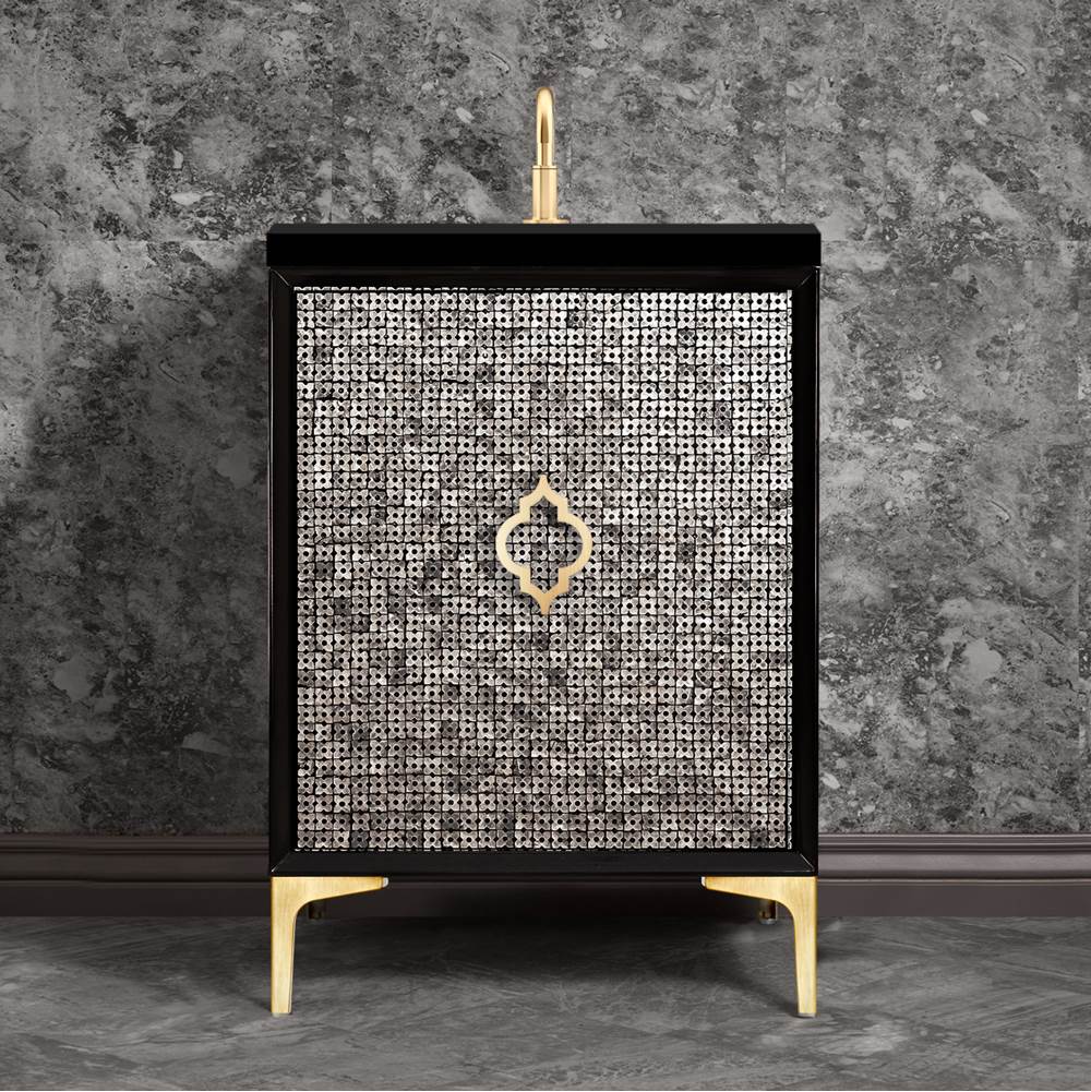 Linkasink Mother of Pearl 24'' Wide Black Vanity with Satin Brass Arabesque Pull and Hardware, 24'' x 22'' x 33.5'' (without vanity top)