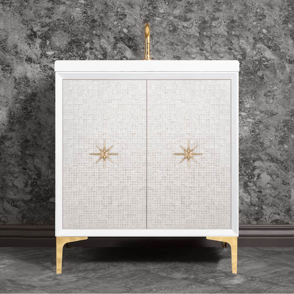 Linkasink Mother of Pearl with 3'' Polished Brass Star Hardware, 30'' Wide Vanity, White, 30'' x 22'' x 33.5'' (without vanity top)