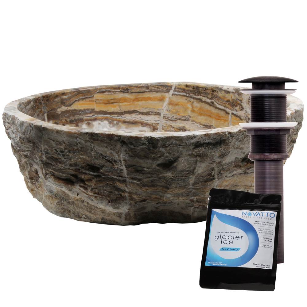 Novatto Travertine Onyx Natural Stone Vessel Sink, Rubbed Bronze Drain and Sealer