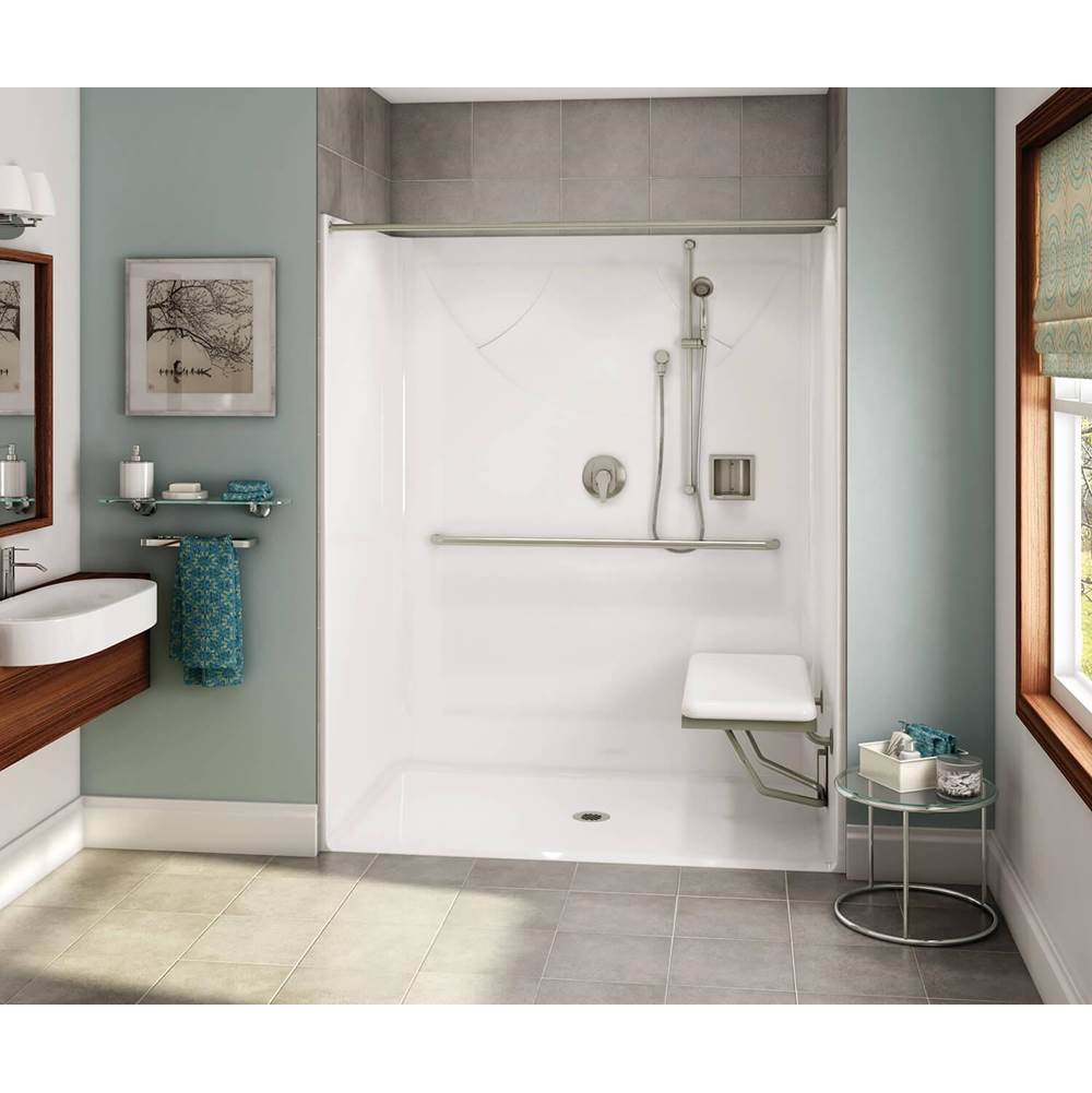 Aker OPS-6036 AcrylX Alcove Center Drain One-Piece Shower in Sterling Silver - MASS Grab Bar and Seat