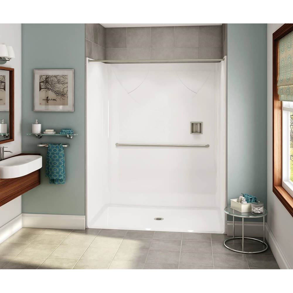 Aker OPS-6036 AcrylX Alcove Center Drain One-Piece Shower in Thunder Grey - MASS Grab Bar