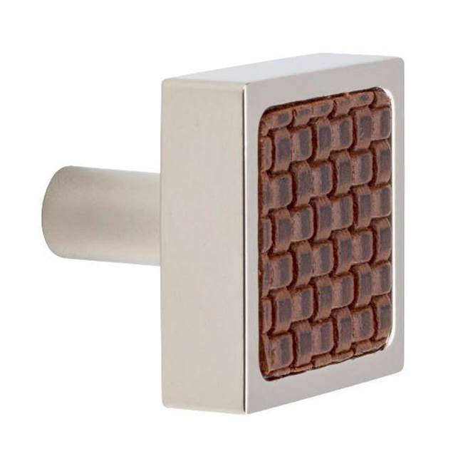 Colonial Bronze Leather Accented Square Cabinet Knob With Straight Post, Nickel Stainless x Woven Bitter Chocolate Leather
