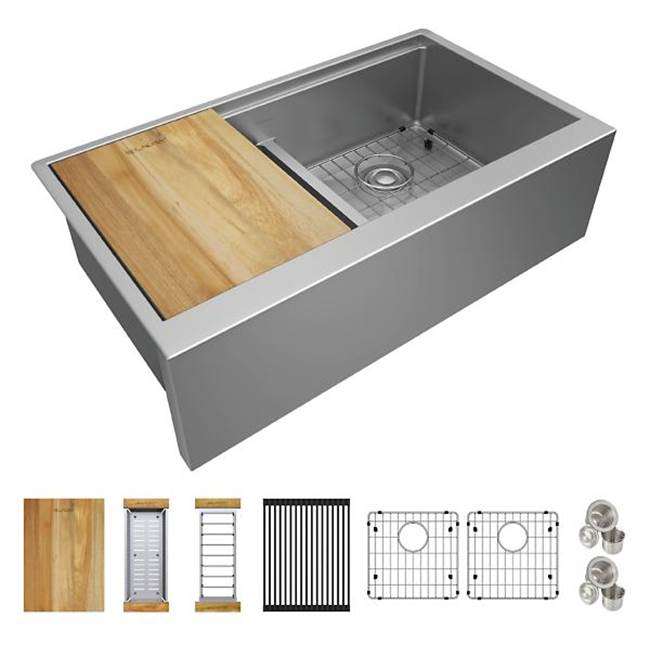 Elkay Reserve Selection Crosstown 16 Gauge Workstation Stainless Steel 34-7/8'' x 20-1/4'' x 9-7/16'' Equal Double Bowl Farmhouse Sink Kit with Aqua Divide