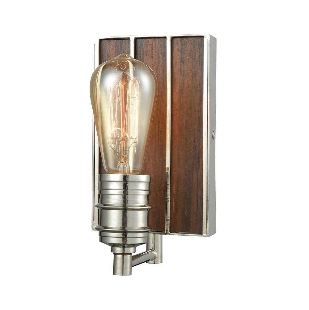 Elk Lighting Brookweiler 1-Light Vanity Lamp in Polished Nickel With Dark Wood Backplate