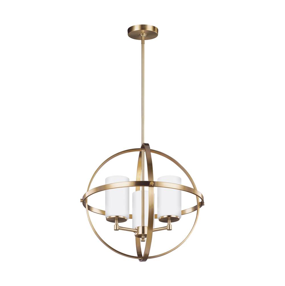 Generation Lighting Alturas Contemporary 3-Light Indoor Dimmable Ceiling Chandelier Pendant Light In Satin Brass Gold Finish With Etched White Inside Glass Shades