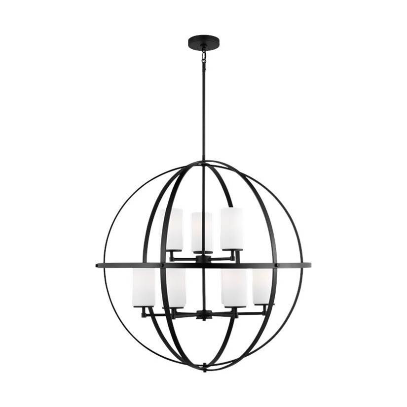 Generation Lighting Alturas Indoor Dimmable 9-Light Multi-Tier Chandelier In Midnight Black Finish W/Spherical Steel Frame And Cylindrical Satin Etched White Glass Shades