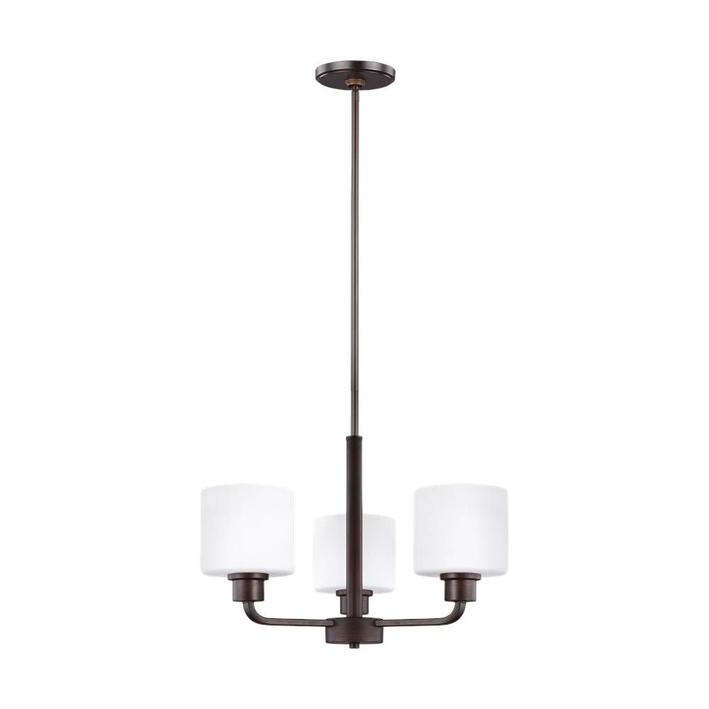 Generation Lighting Canfield Modern 3-Light Indoor Dimmable Ceiling Chandelier Pendant Light In Bronze Finish With Etched White Inside Glass Shades