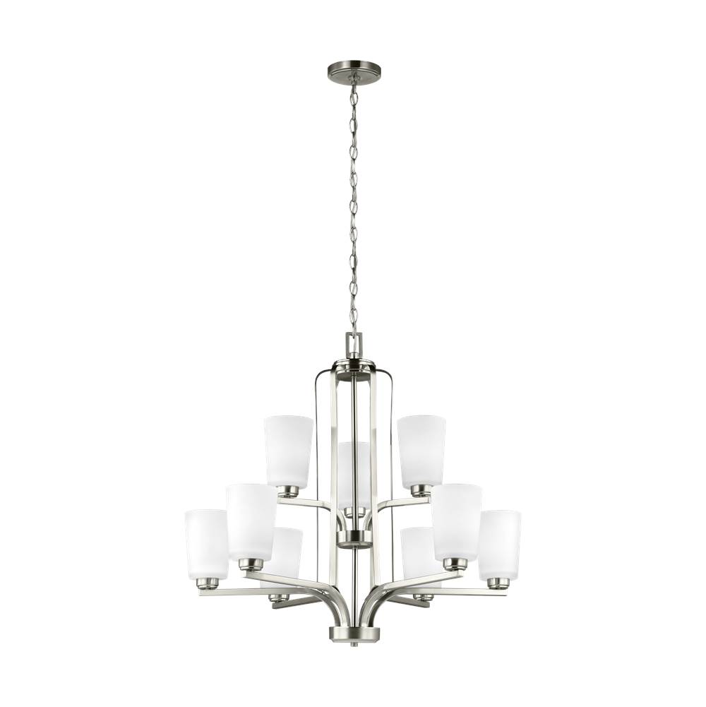 Generation Lighting Franport Transitional 9-Light Led Indoor Dimmable Ceiling Chandelier Pendant Light In Brushed Nickel Silver Finish With Etched White Glass Shades