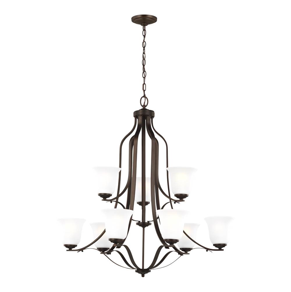 Generation Lighting Emmons Traditional 9-Light Indoor Dimmable Ceiling Chandelier Pendant Light In Bronze Finish With Satin Etched Glass Shades