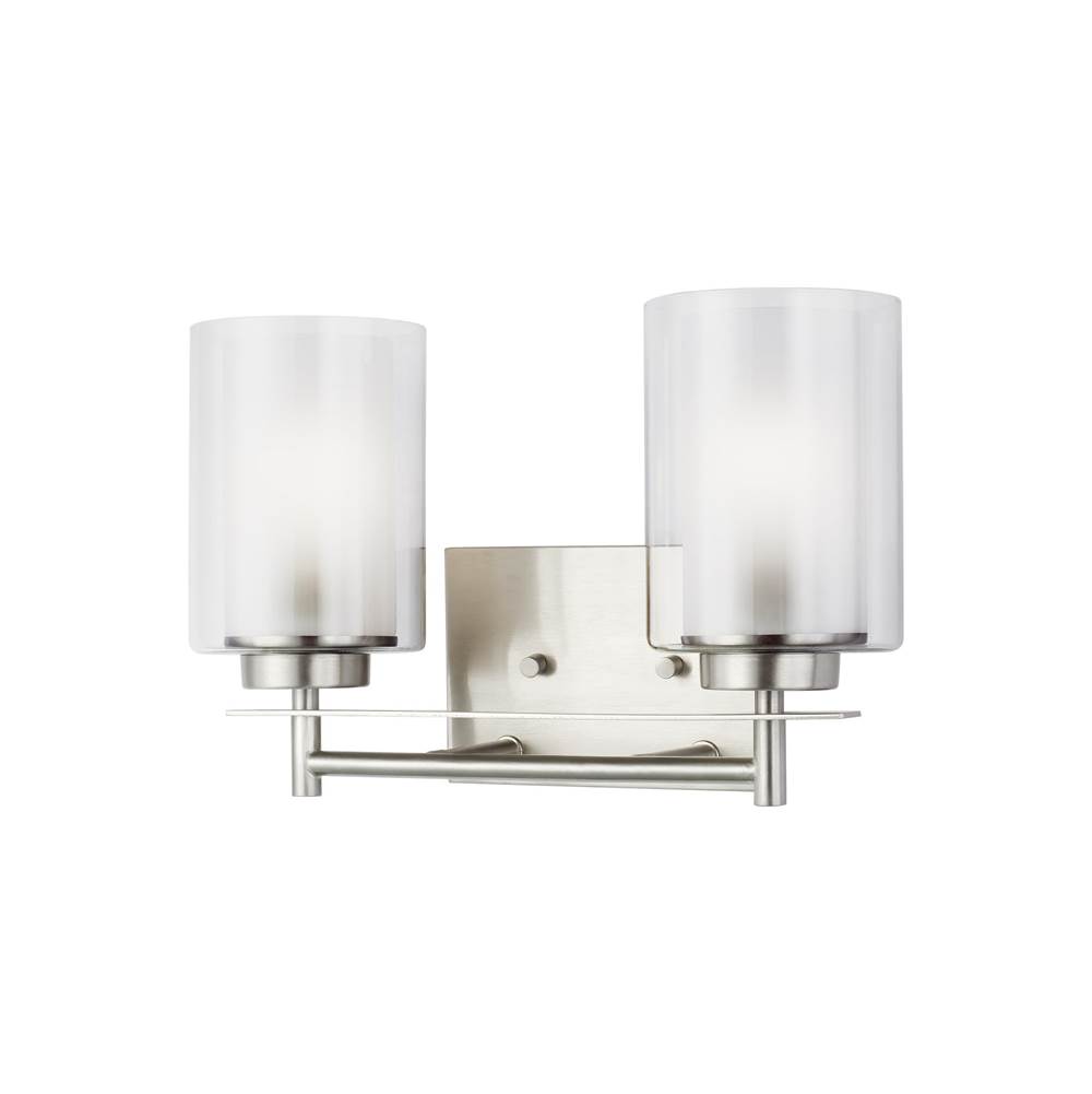 Generation Lighting Elmwood Park Traditional 2-Light Indoor Dimmable Bath Vanity Wall Sconce In Brushed Nickel Silver W/Satin Etched Glass Shades And Clear Glass Shades