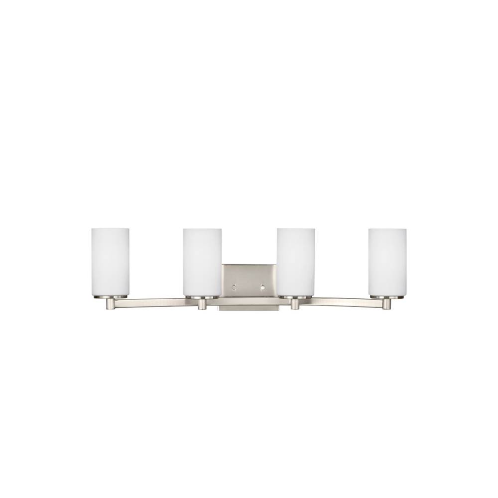 Generation Lighting Hettinger Transitional 4-Light Led Indoor Dimmable Bath Vanity Wall Sconce In Brushed Nickel Silver Finish With Etched White Inside Glass Shades