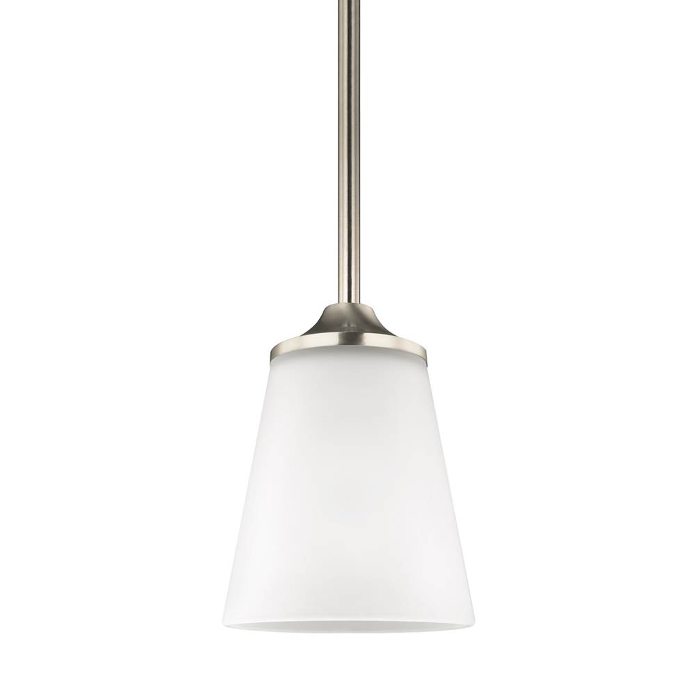Generation Lighting Hanford Traditional 1-Light Led Indoor Dimmable Ceiling Hanging Single Pendant Light In Brushed Nickel Silver Finish W/Satin Etched Glass Shade