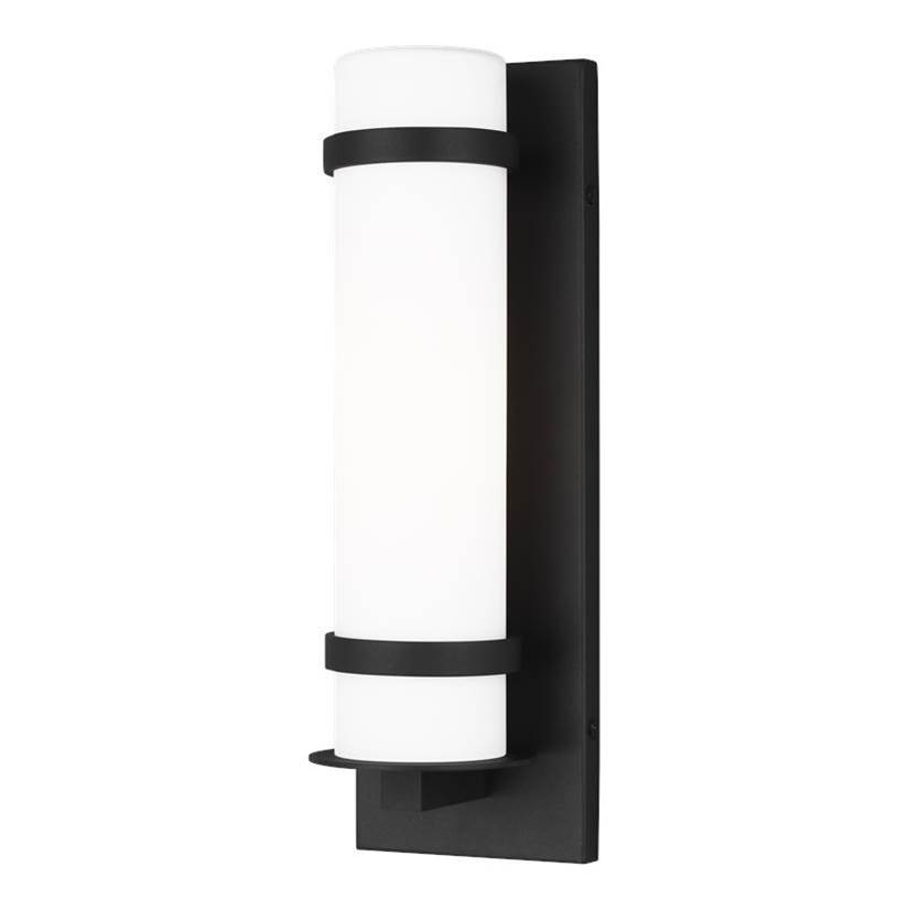 Generation Lighting Alban Modern 1-Light Outdoor Exterior Small Wall Lantern In Black With Etched Opal Glass Shade