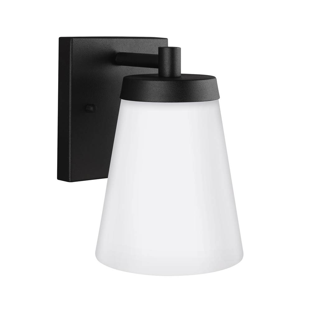 Generation Lighting Renville Transitional 1-Light Outdoor Exterior Small Wall Lantern Sconce In Black Finish With Satin Etched Glass Shade