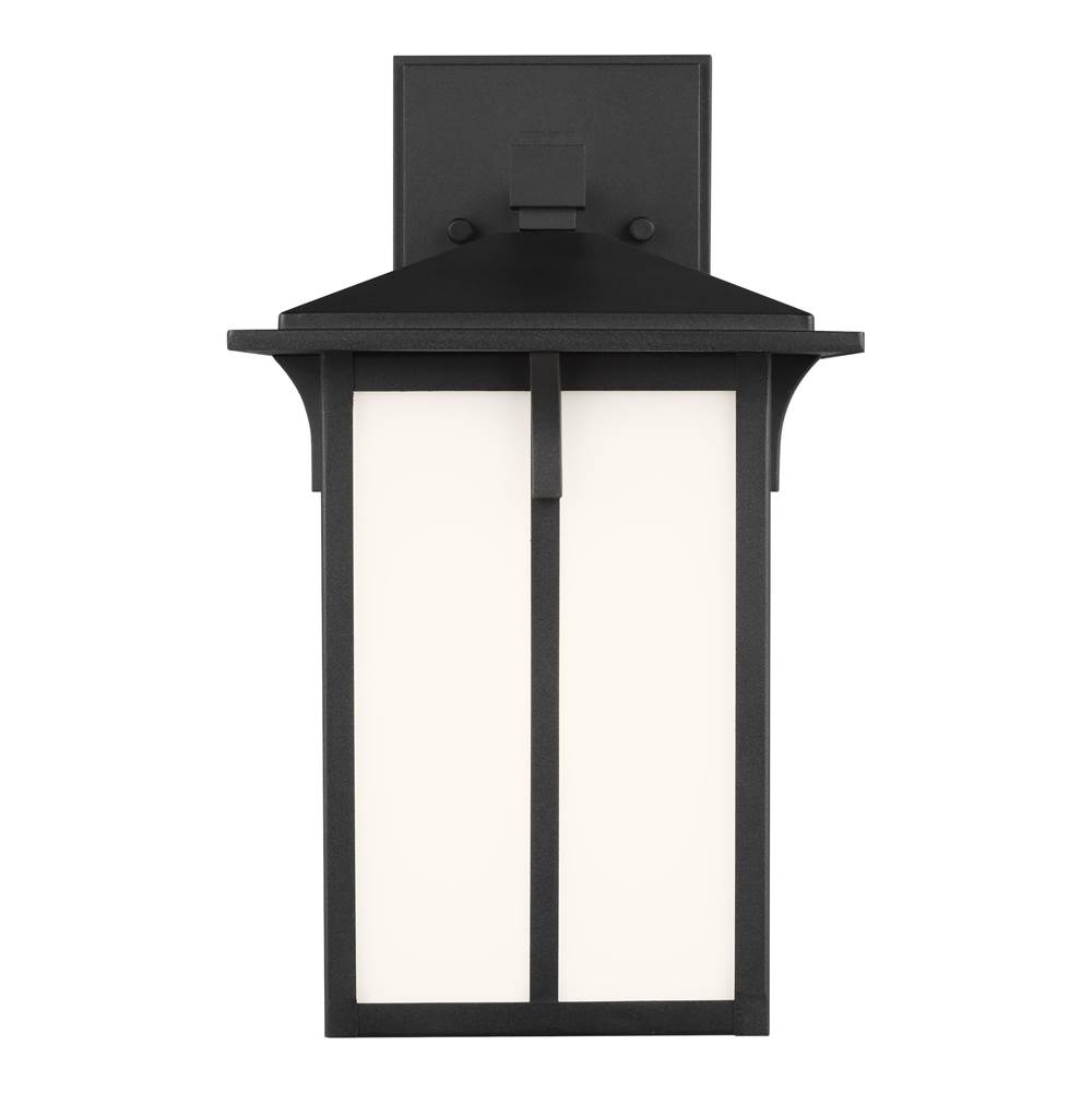 Generation Lighting Tomek Modern 1-Light Led Outdoor Exterior Small Wall Lantern Sconce In Black Finish With Etched White Glass Panels
