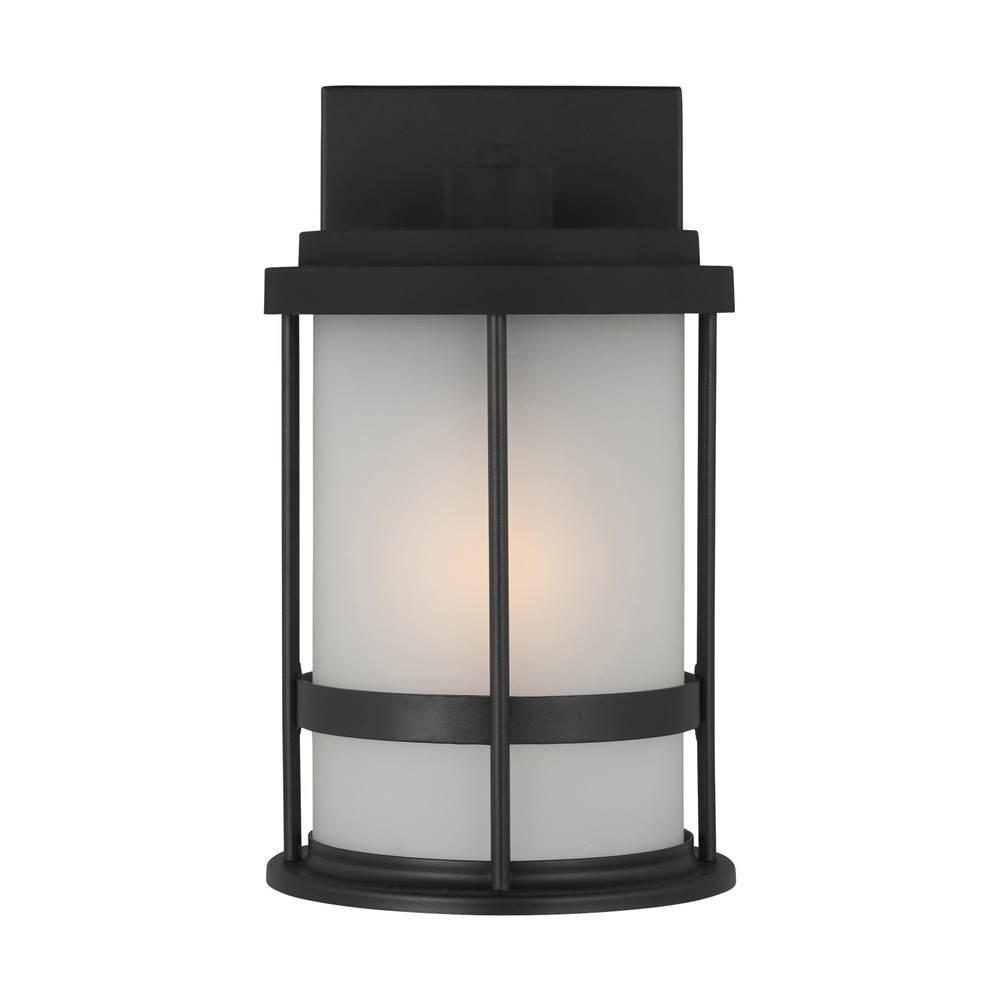 Generation Lighting Wilburn Modern 1-Light Outdoor Exterior Small Wall Lantern Sconce In Black Finish With Satin Etched Glass Shade