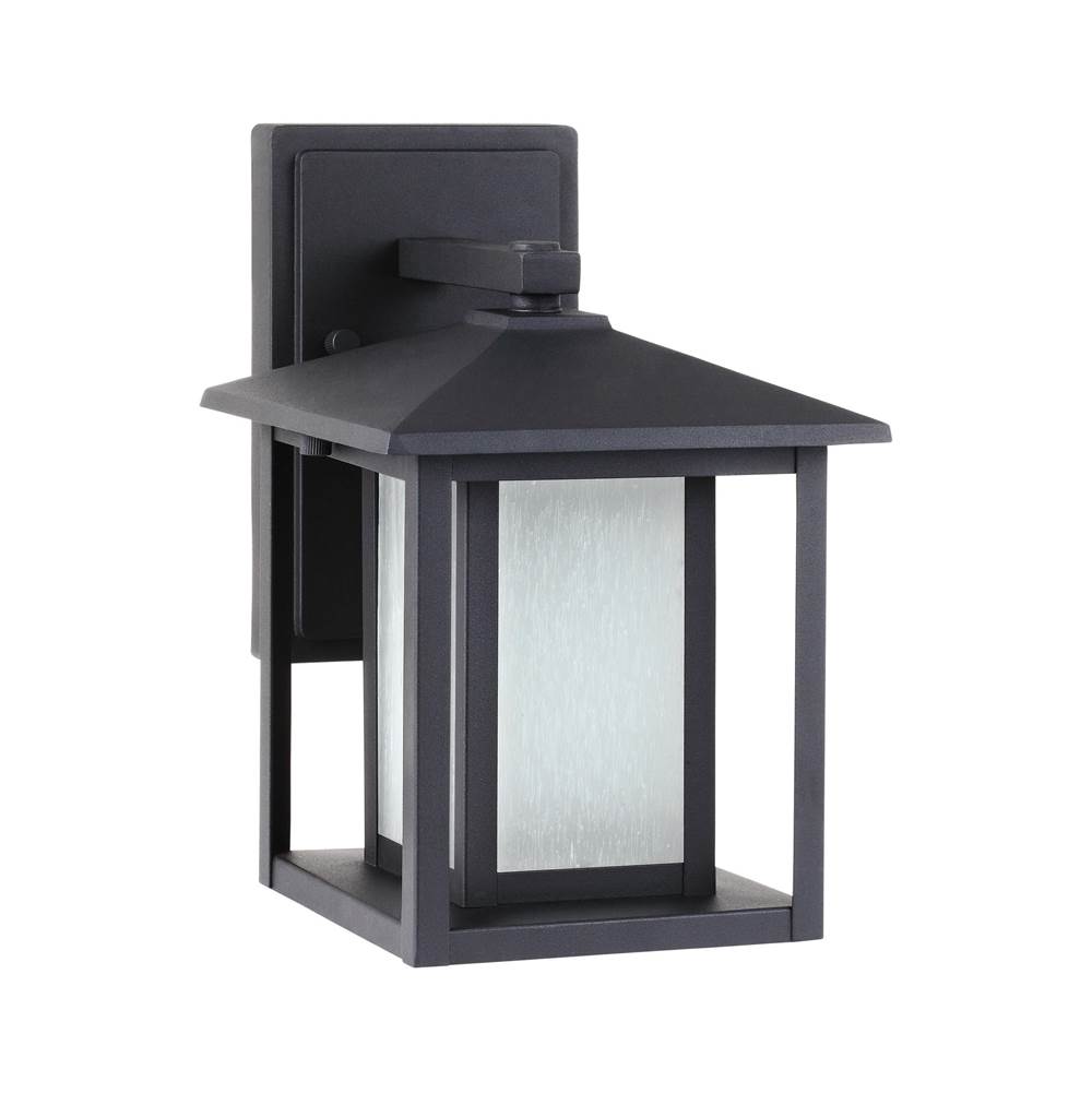 Generation Lighting Hunnington Contemporary 1-Light Led Outdoor Exterior Small Wall Lantern In Black Finish With Etched Seeded Glass Panels