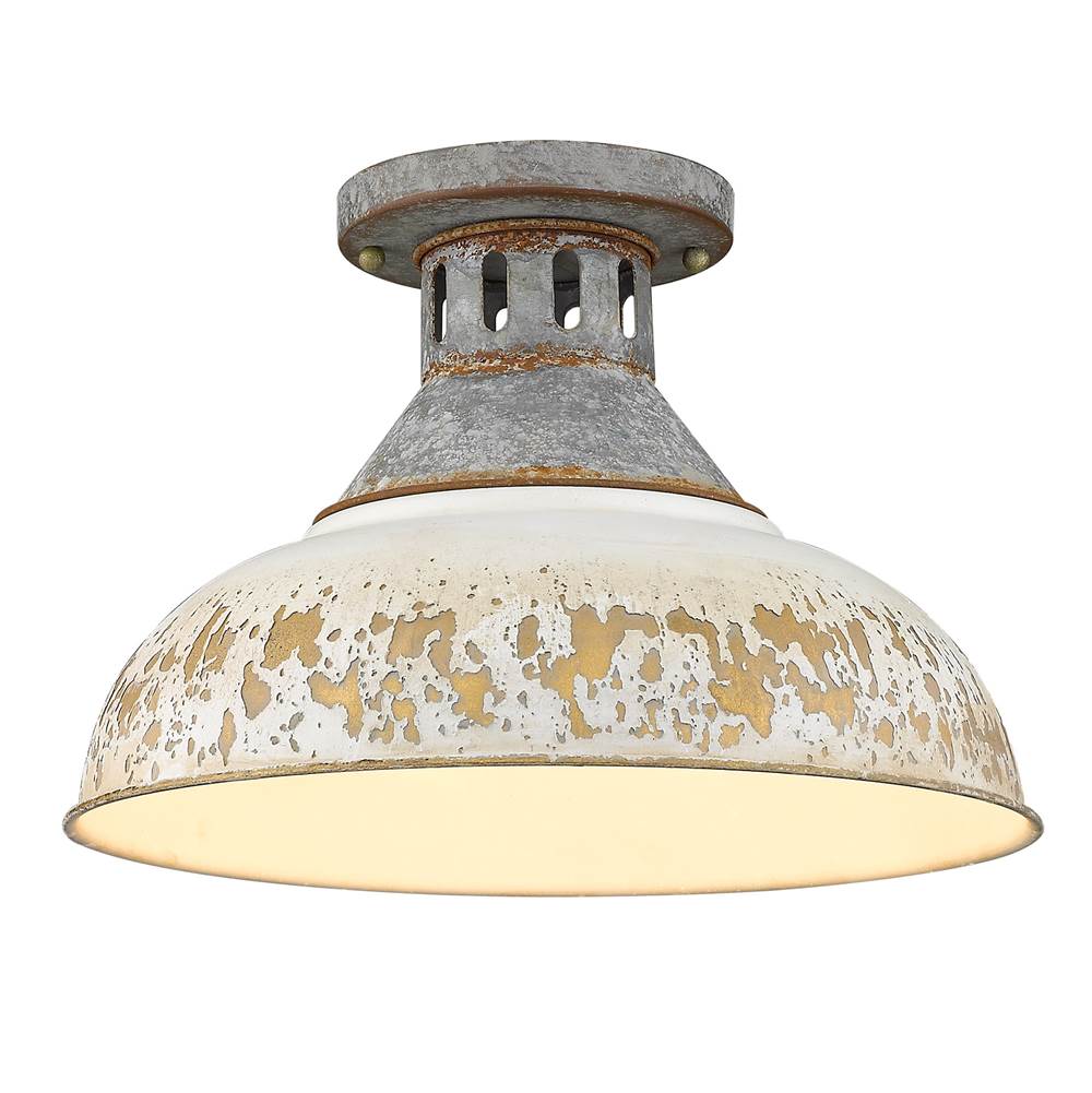Golden Lighting Kinsley Semi-Flush in Aged Galvanized Steel with Antique Ivory Shade