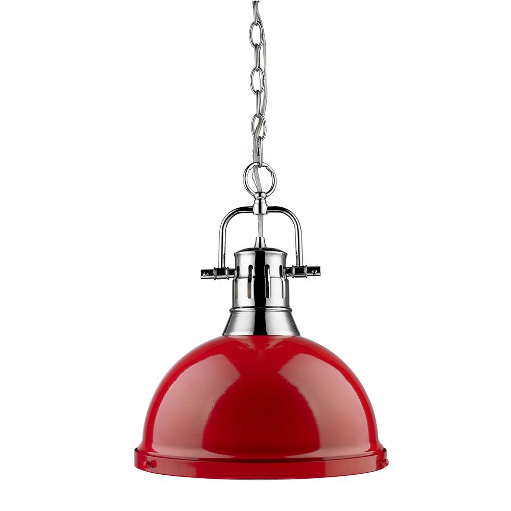 Golden Lighting Duncan 1 Light Pendant with Chain in Chrome with a Red Shade