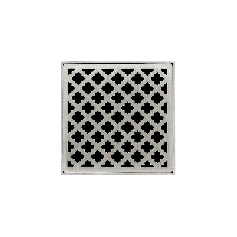 Infinity Drain 4'' x 4'' MD 4 Complete Kit with Moor Pattern Decorative Plate in Satin Stainless with ABS Drain Body, 2'' Outlet