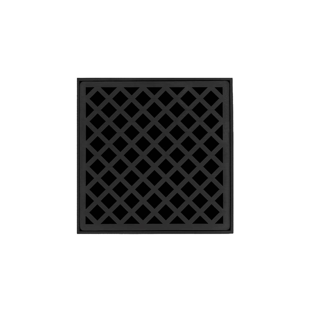 Infinity Drain 5'' x 5'' XDB 5 Complete Kit with Criss-Cross Pattern Decorative Plate in Matte Black with PVC Bonded Flange Drain Body, 2'', 3'' and 4'' Outlet