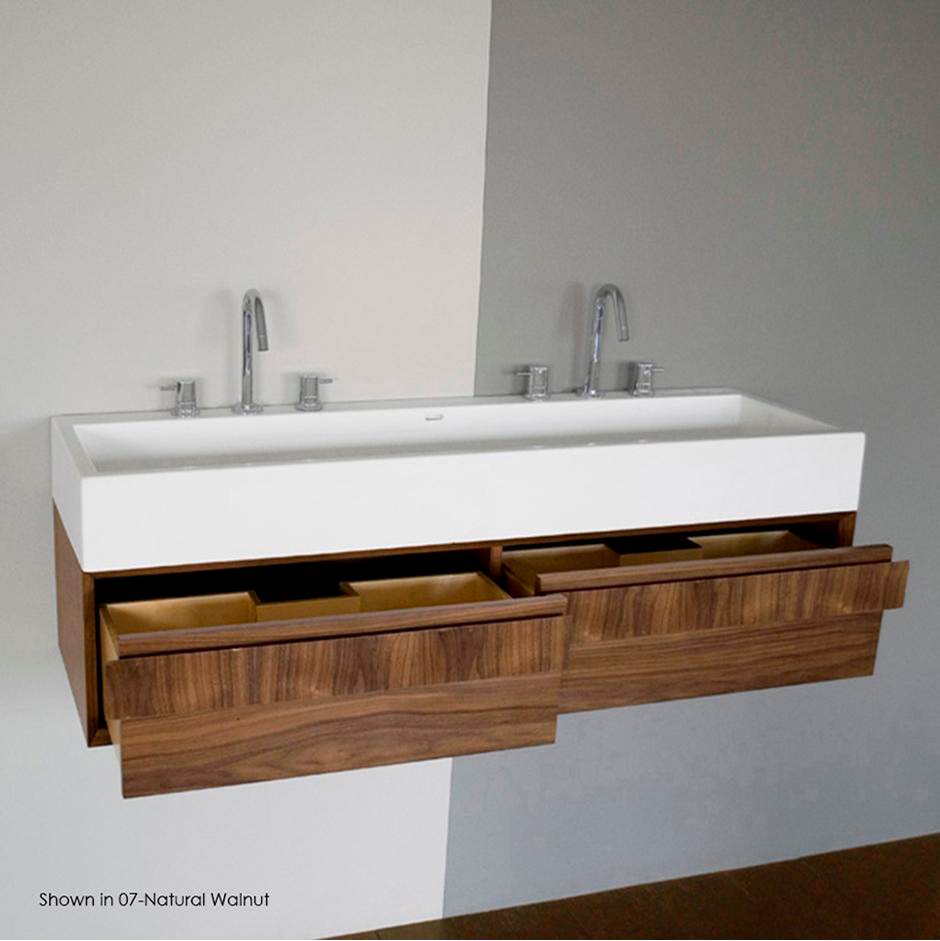 Lacava Wall-mount under-counter vanity with finger pulls on two drawers, both drawers have Ushaped
notch for plumbing.