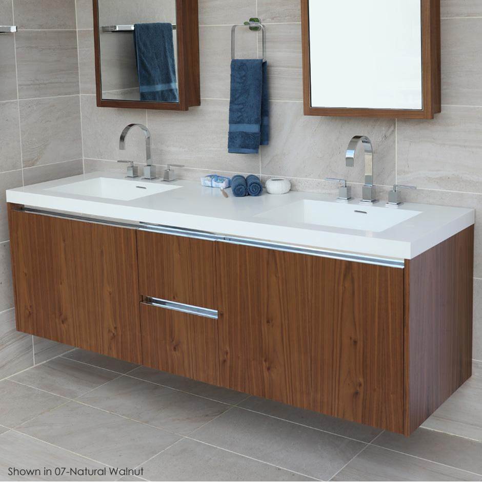Lacava Wall-mount under-counter double vanity with , a notch-back large drawer on left and right, and two small drawers on the center.