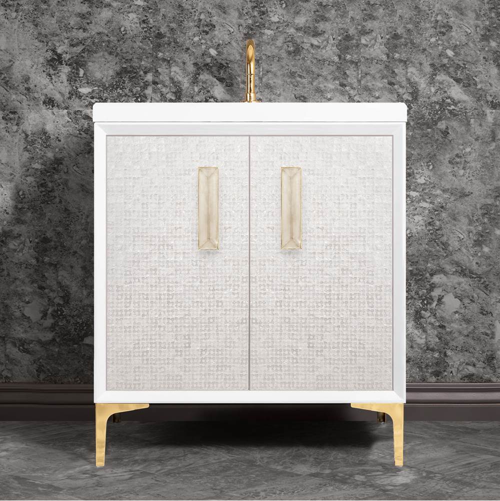 Linkasink MOTHER OF PEARL with 8'' Artisan Glass Prism Hardware 30'' Wide Vanity, White, Polished Brass Hardware, 30'' x 22'' x 33.5'' (without vanity top)