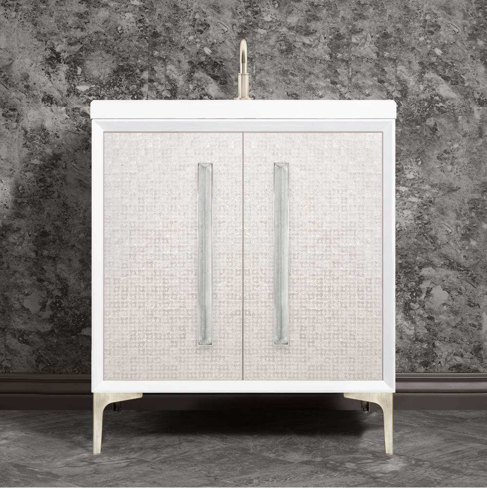 Linkasink MOTHER OF PEARL with 18'' Artisan Glass Prism Hardware 30'' Wide Vanity, White, Satin Nickel Hardware, 30'' x 22'' x 33.5'' (without vanity top)