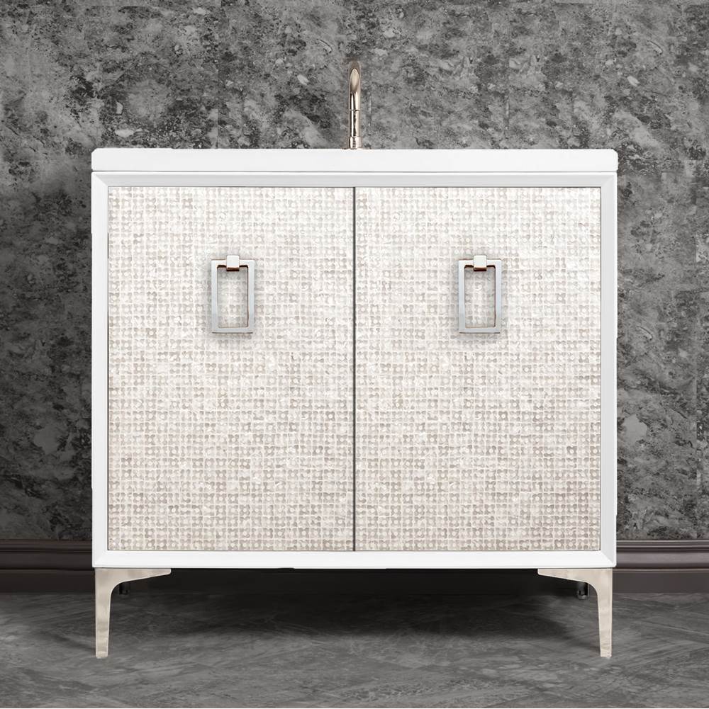 Linkasink Mother of Pearl 36'' Wide White Vanity with Polished Nickel Coach Pull and Hardware