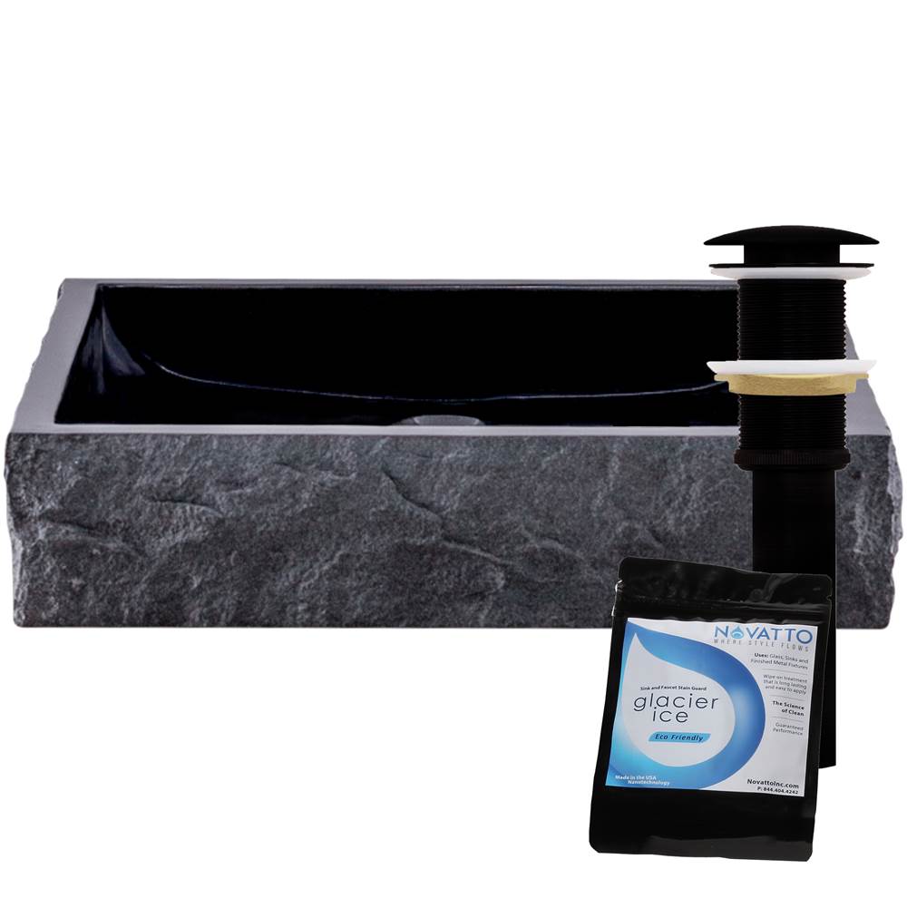 Novatto Novatto Square Black Granite Vessel Sink with Chiseled Exterior and Matte Black Drain